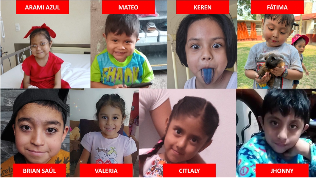 Collage of the first eight children supported by Fight For Life Club: Arami Azul, Mateo, Keren, Fátima, Brian Saúl, Valeria, Citlaly, and Jhonny